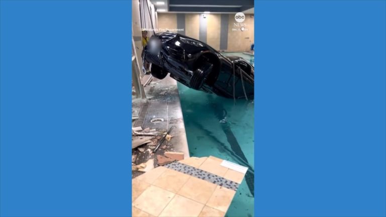 Video Vehicle plunges into indoor swimming pool in Southern California