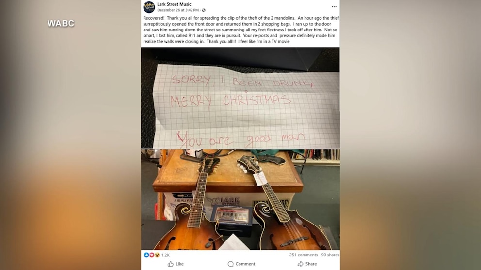 Video Thief returns stolen mandolins to guitar store with apology note