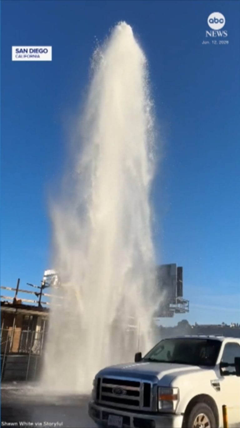 WATCH:  Burst water main creates 'geyser' in San Diego